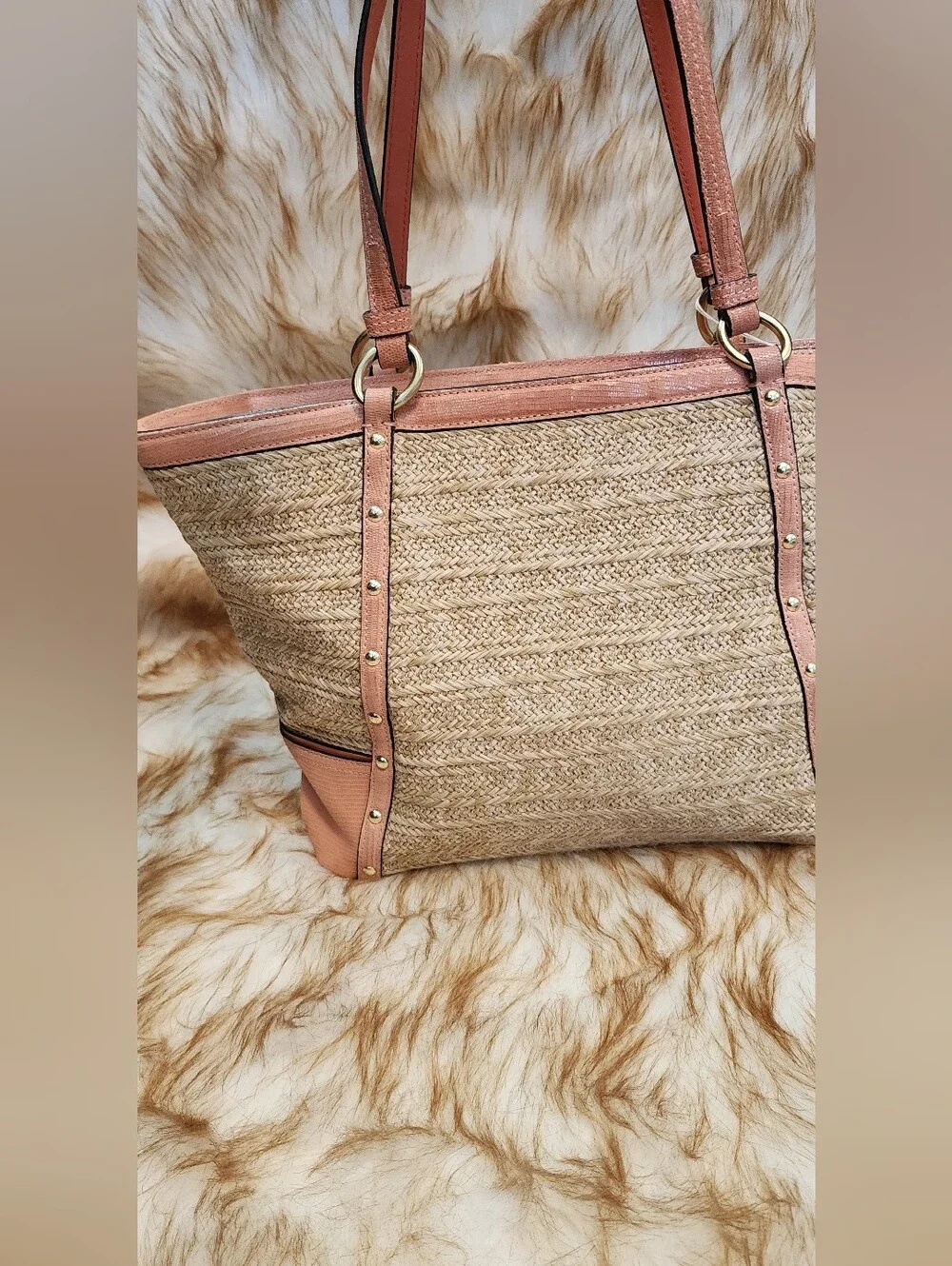 Coach Straw Tote with Pink Leather Trim and Flower Charm